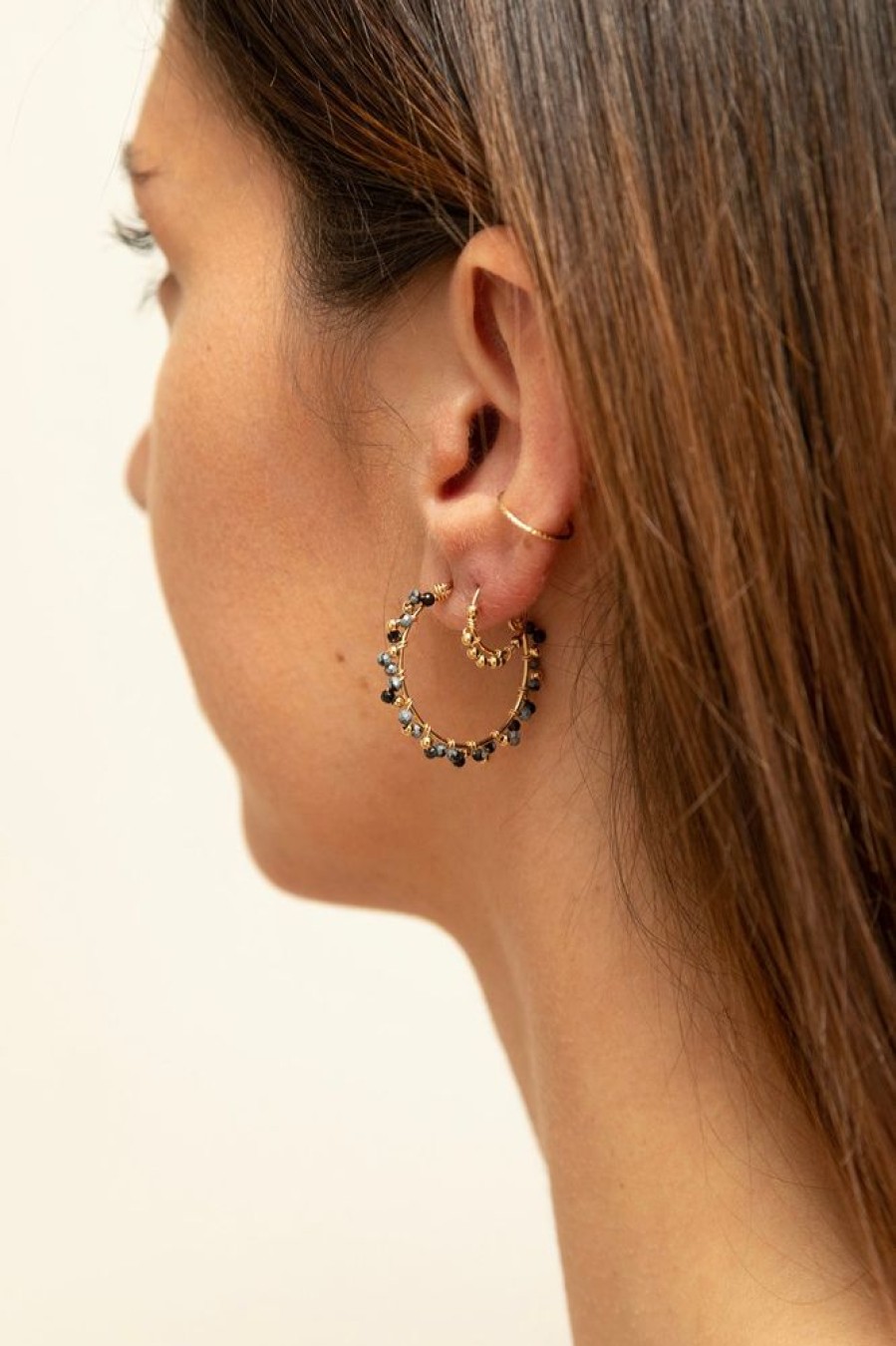 Boucles D'Oreilles YAY Paris | Grandes Creoles Dentelle - Obsidienne